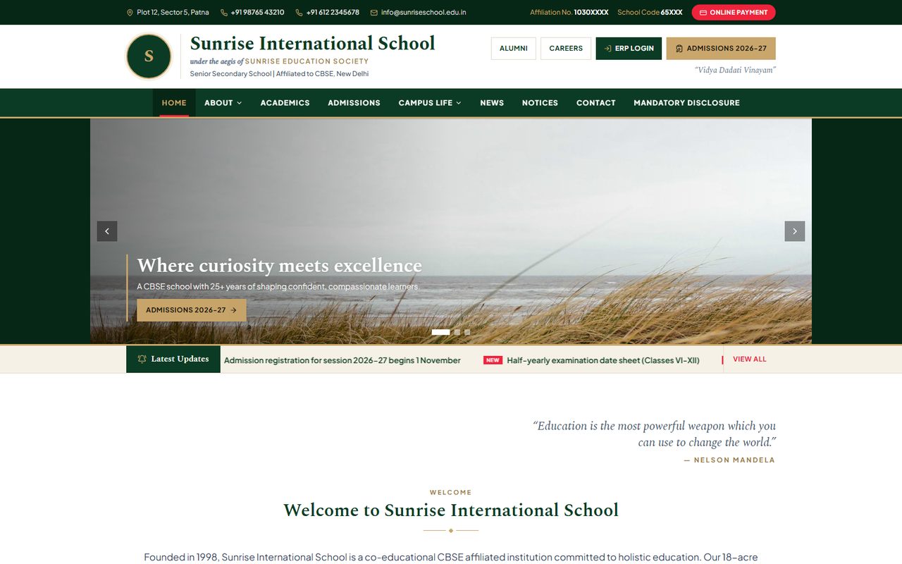 Info-Corner Almanac school website template, home page