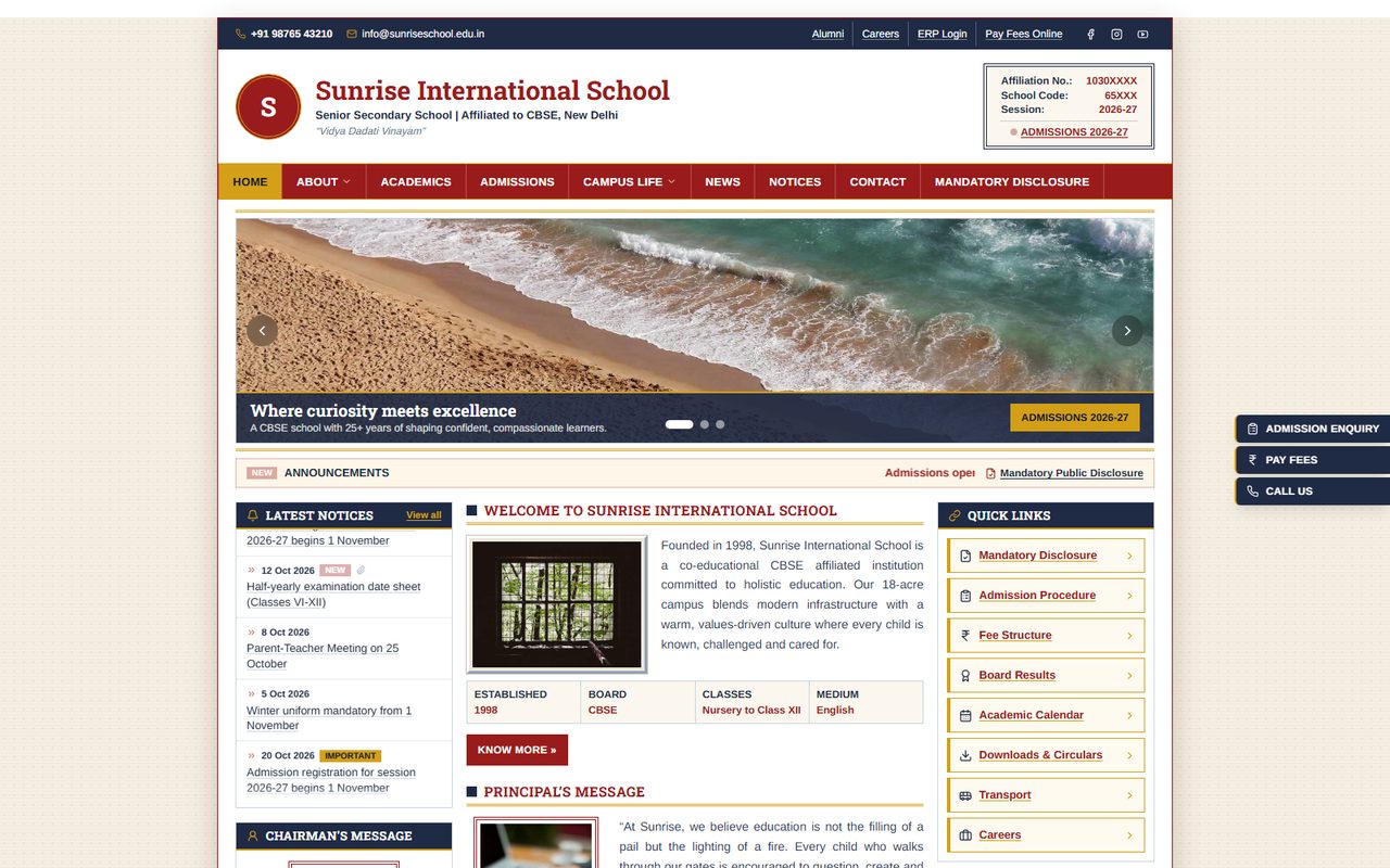 Vidya Niketan Classic school website template, home page