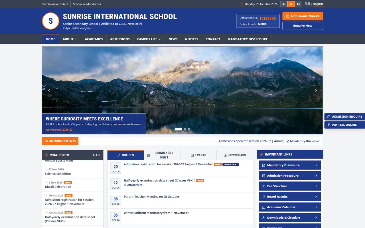 Vidyalaya Portal school website template, home page