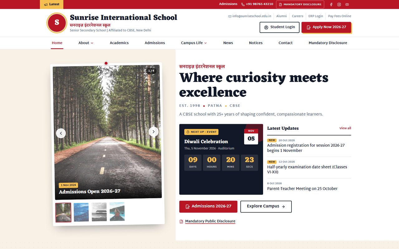 Flyer Board school website template, home page