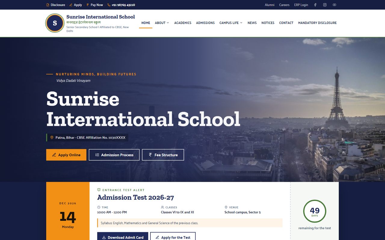 Pravesh Awasiya school website template, home page