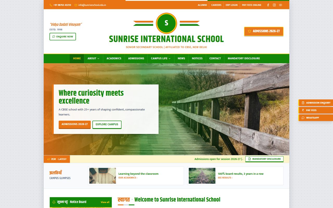 Tiranga Classic school website template, home page